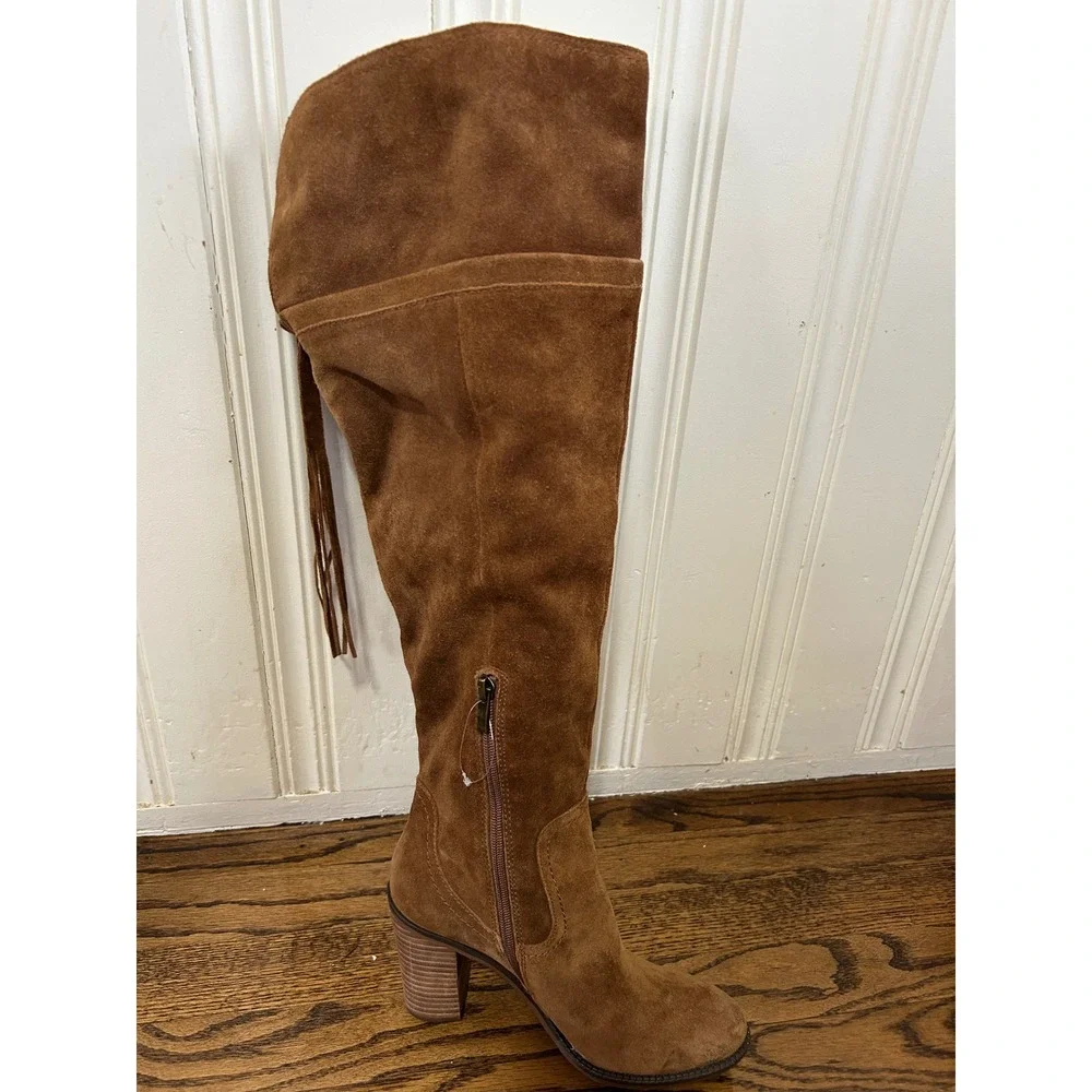 Franco Sarto Womens 8M Wide Calf Brown Suede Over Knee Boots Heel Tassel Fringe